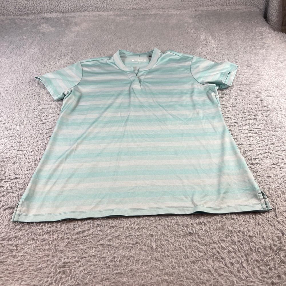 Columbia Golf Womens Large Polo Shirt Mint Green White Striped V-Neck